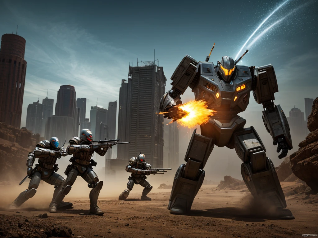 A futuristic battle scene: A squadron of sleek, high-tech infantry, clad in advanced armor and wielding cutting-edge weaponry, converges on a massive robot, its metallic body cracked and smoldering from previous attacks. The ground shakes as the soldiers deploy their unique abilities to disable the beast's defenses, while spotlights cast an eerie glow on the dusty terrain.