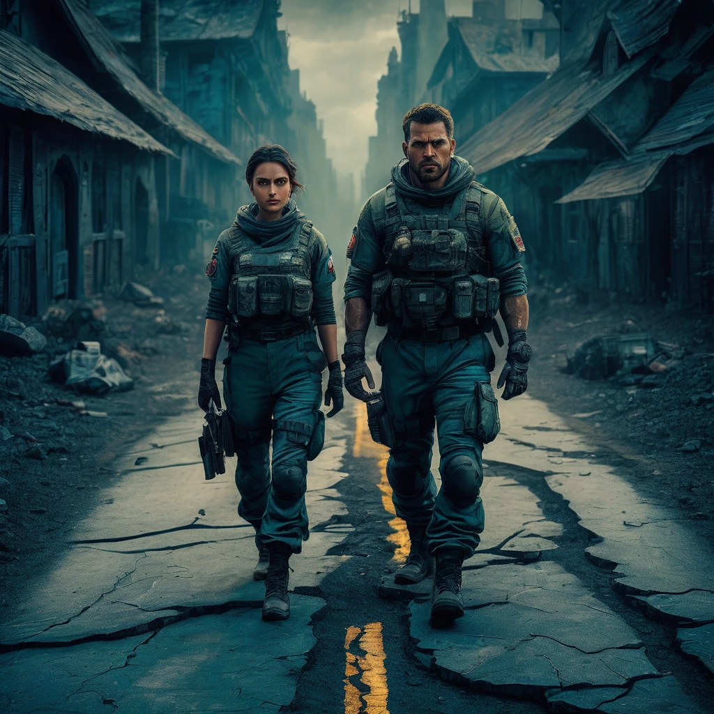 A stunning 32K, UHD live action photorealistic portrait showcasing a woman and a muscular man, both wearing clean-faced, serious expressions. They appear to be surveying their surroundings in a dilapidated street. Clad in specialized military attire and equipped with gear reminiscent of Resident Evil, they stand amidst enigmatic, bengalured buildings. The image is captured from an aerial view, showcasing intricate details and vibrant colors, creating an atmosphere of suspense and mystery., vibrant, portrait photography