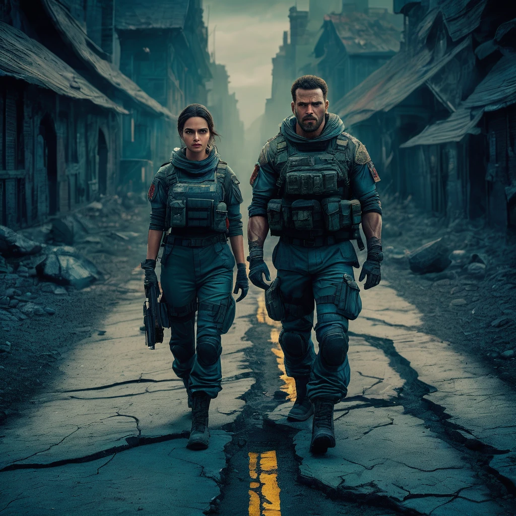 A stunning 32K, UHD live action photorealistic portrait showcasing a woman and a muscular man, both wearing clean-faced, serious expressions. They appear to be surveying their surroundings in a dilapidated street. Clad in specialized military attire and equipped with gear reminiscent of Resident Evil, they stand amidst enigmatic, bengalured buildings. The image is captured from an aerial view, showcasing intricate details and vibrant colors, creating an atmosphere of suspense and mystery., vibrant, portrait photography