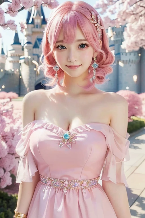 Sara-sara2, Close-up of a woman with pink hair and dress, Real life anime girls, 長いPink Hairpretty girl, Beautiful anime style, Cute Anime Girl, smile、Attractive anime girl, Beautiful Anime Girls, Anime Thai Girl、Small breasts、A cup breasts、pretty girl, Pink Hair, Shirahime cut hairstyle, Realistic young anime girl, Cute Hairstyles、hair ornaments、かわいいhair ornaments、Cute Earrings、backgroundぼやけてる、background(Cinderella Castle)