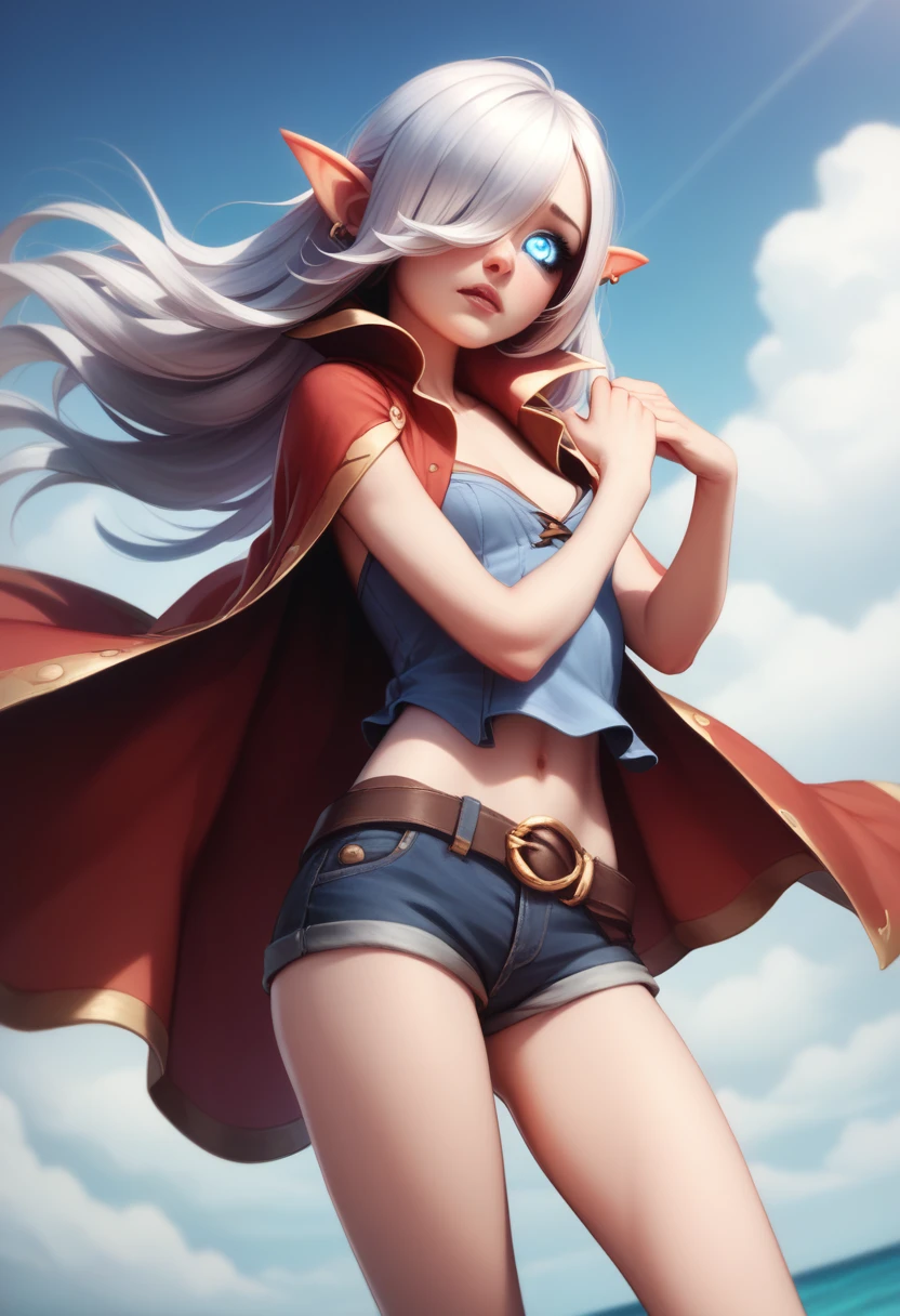 Girl, halfling girl, halfling, pale skin, short, short stature, very long hair, silver hair, straight hair that curls at the end, small breasts, pouty lips, masterpiece, best quality, dynamic pose, 8k, hair covering one eye, anime eyes, bright eyes, detailed eyes, big round eyes, blue eyes, realistic eyes, wind, windy, cute, sailer outfit, pirate outfit, short shorts, eyeliner, shy personality