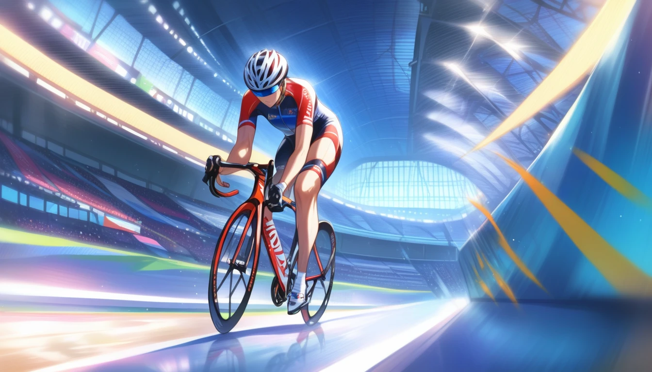 ((Masterpiece)), ((Best Quality)), (Very Detailed), ((Very Detailed)), 4K, (8K), very aesthetic, absurdres highres, Olympic cyclists are running on banks in an indoor stadium. Athletes lean forward to eliminate wind resistance and wear streamlined helmets designed for aerodynamics. There are spectator seats in the background, with bright lights illuminating the players. The muscular tension of the athlete and the details of the bicycle are clearly depicted.
