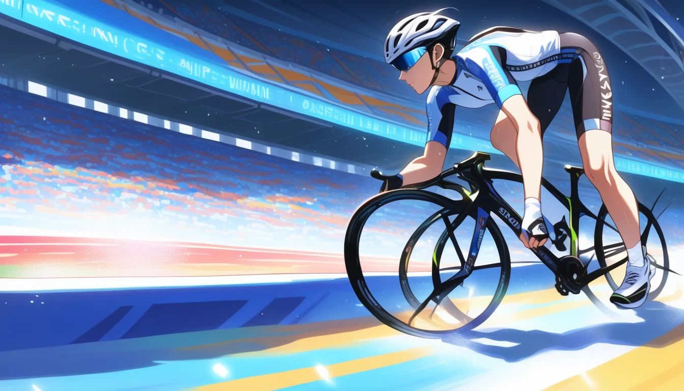 ((Masterpiece)), ((Best Quality)), (Very Detailed), ((Very Detailed)), 4K, (8K), very aesthetic, absurdres highres, An Olympic cyclist races down the banks of an indoor stadium. Athletes lean forward to reduce wind resistance and wear streamlined helmets. There are spectator seats in the background, with bright lights illuminating the players. The muscle tension and details of the bicycle are realistically depicted to convey the athlete's concentration and sense of speed.