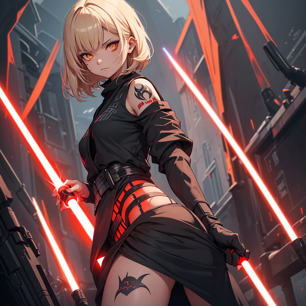 The girl is a Sith lord. She is wearing a black top and underpants. her skin is covered with black tattoos. She has red-yellow eyes. She holds a red lightsaber in each hand. She has short blond hair