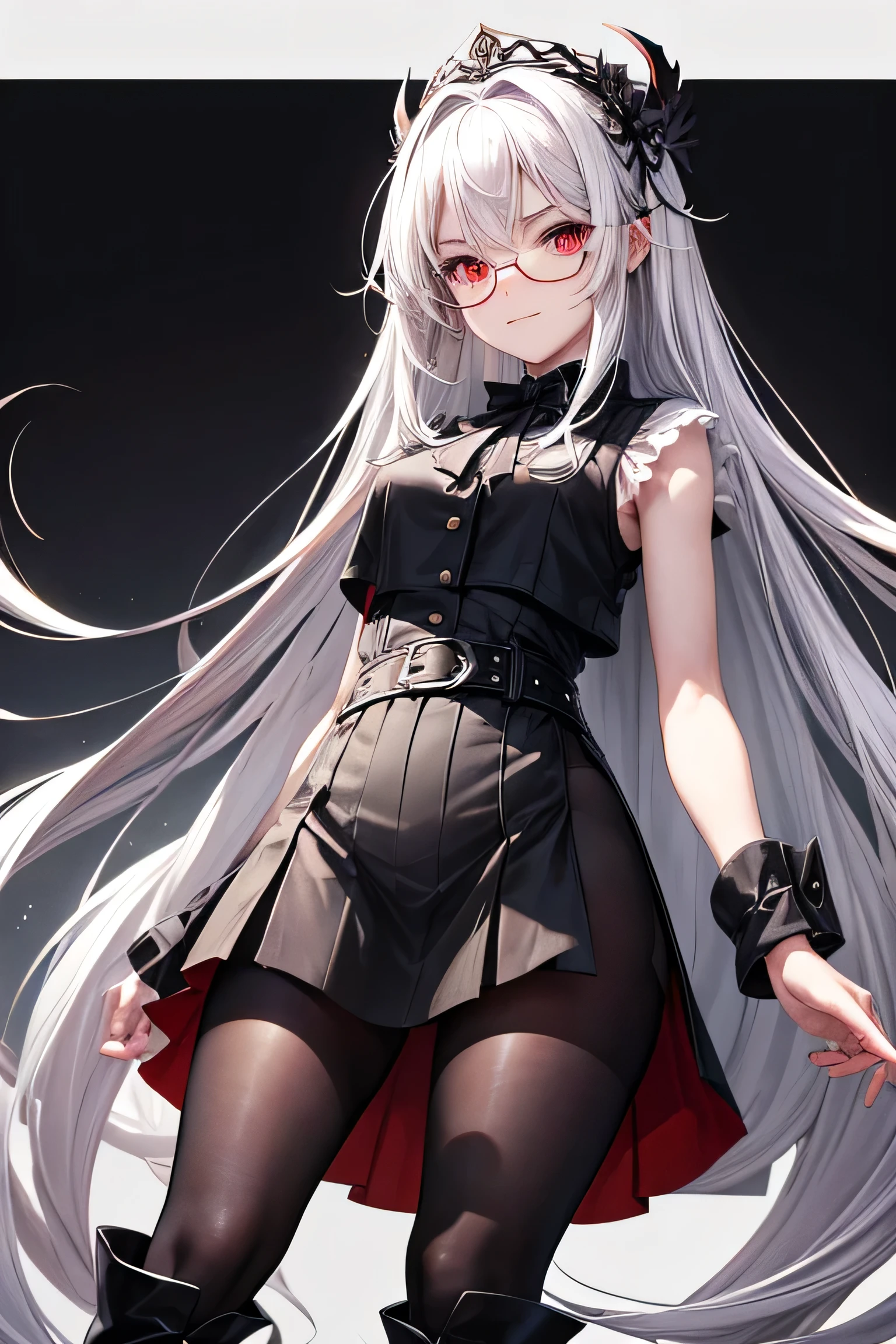 girl alta, secretary attire, black vest, colorful skirt, glasses on the head, defined hands, defined legs, defined face, black eyes, black left eye, right eye colors, Waist length hair, belt, defined smile, look ahead, office, fondo de office, medium bust, black tie.girl, 20 years, with long white hair down to below the waist, a serious but tender expression, and red eyes. His hair has black streaks.. She wears old style clothes., a long black dress with a slit in the legs, and tall black boots that almost reach her knees. Its power and background are related to shadows and darkness.. dark essence, fighting stance