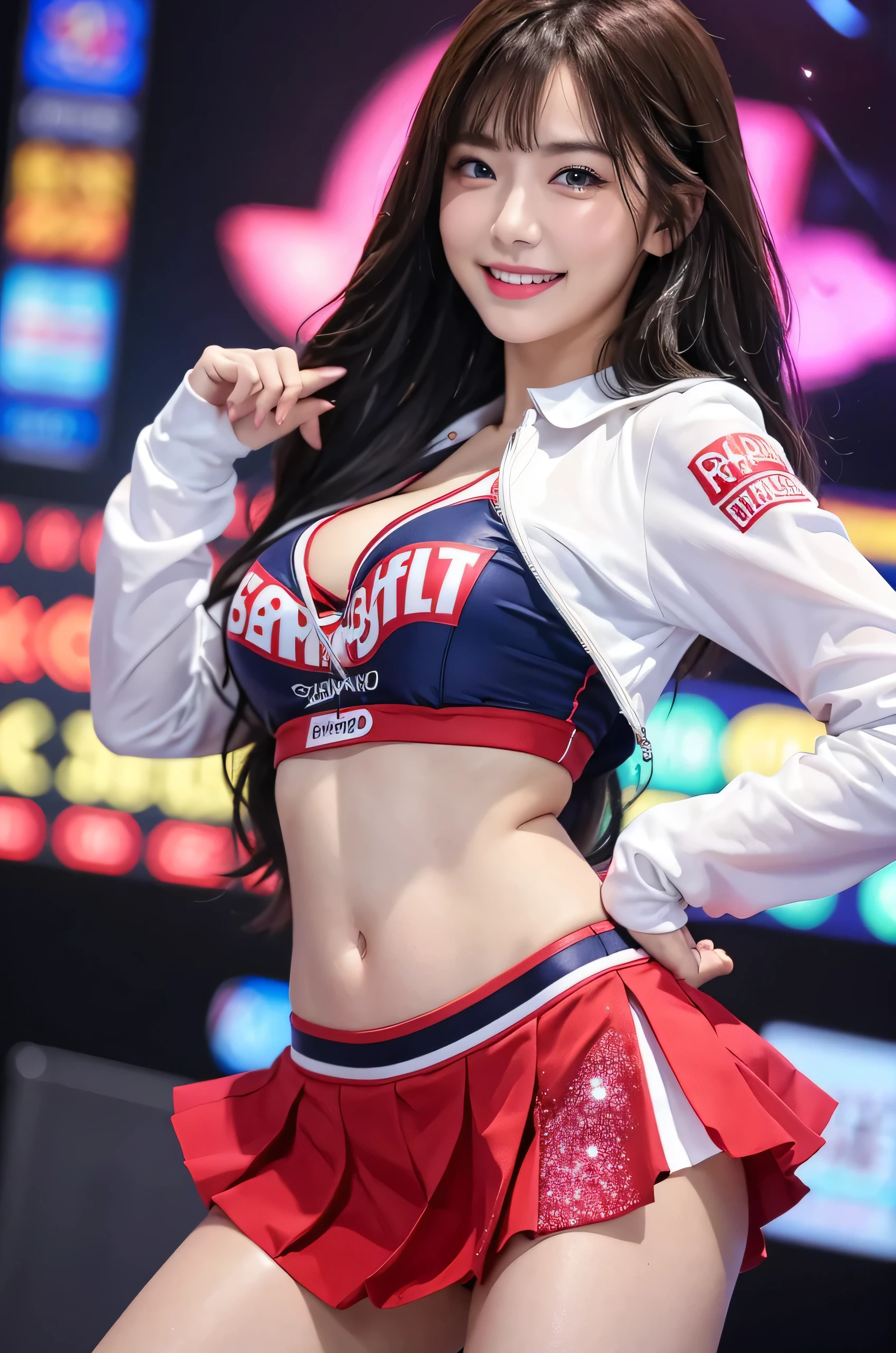 (8K, RAW Photos, Highest quality, Tabletop:1.2), (Realistic, Photorealistic:1.37), Ultra-high resolution, One Girl, 18-year-old, (Idol:1.4), (Famous actress :1.4), (Beautifully detailed face:1), bangs,Smiling with white teeth、 (Cleavage)、 (Multicolored floating hair), Skin dents, light makeup, (Beautiful big boobs:1.3), (Glowing Skin:1.1), Shiny skin, Long limbs, slim, Saggy breasts:1.3, Tight waist, Medium Hips, Thin legs, slim thigh, Dynamic Lighting, Sexually provocative face, Shiny texture, lipstick, V-shaped eyebrows, V-line chin, View your viewers, (Long Hair:1.3), (Perfect Face:1.4), ((Strong winds)), Flowing Hair, audience, (smile:1.3), blue sky, (((Monte Carlo Street Circuit))), (((Racing Car))), (((Racing Bike))), ((Promotional Girl:1.3)), ((Grid Girls:1)), Pink Lip, light makeup, (The promotional costumes, which are carefully crafted down to the last detail,:1.10), Lace-up boots, Short sleeve, Cropped tops, ((Short jacket:1)), (Tube top bra:1), Knee-length, (((たくさんのロゴが入ったナイロンShort sleeveジャケット))), (Knee-lengthグリッターナイロンプリーツスカート), ((Asymmetrical medium size nylon pleated skirt)), Small Ass, ((Promotional wear with logo)), (((Red and white glitter promotional wear))), Fingerless gloves, Navel view style, Black-haired, Brown Hair, Redhead, blue eyes, (Drops of sweat:1), (Dynamic Angle), walking, Leaning forward, audience,