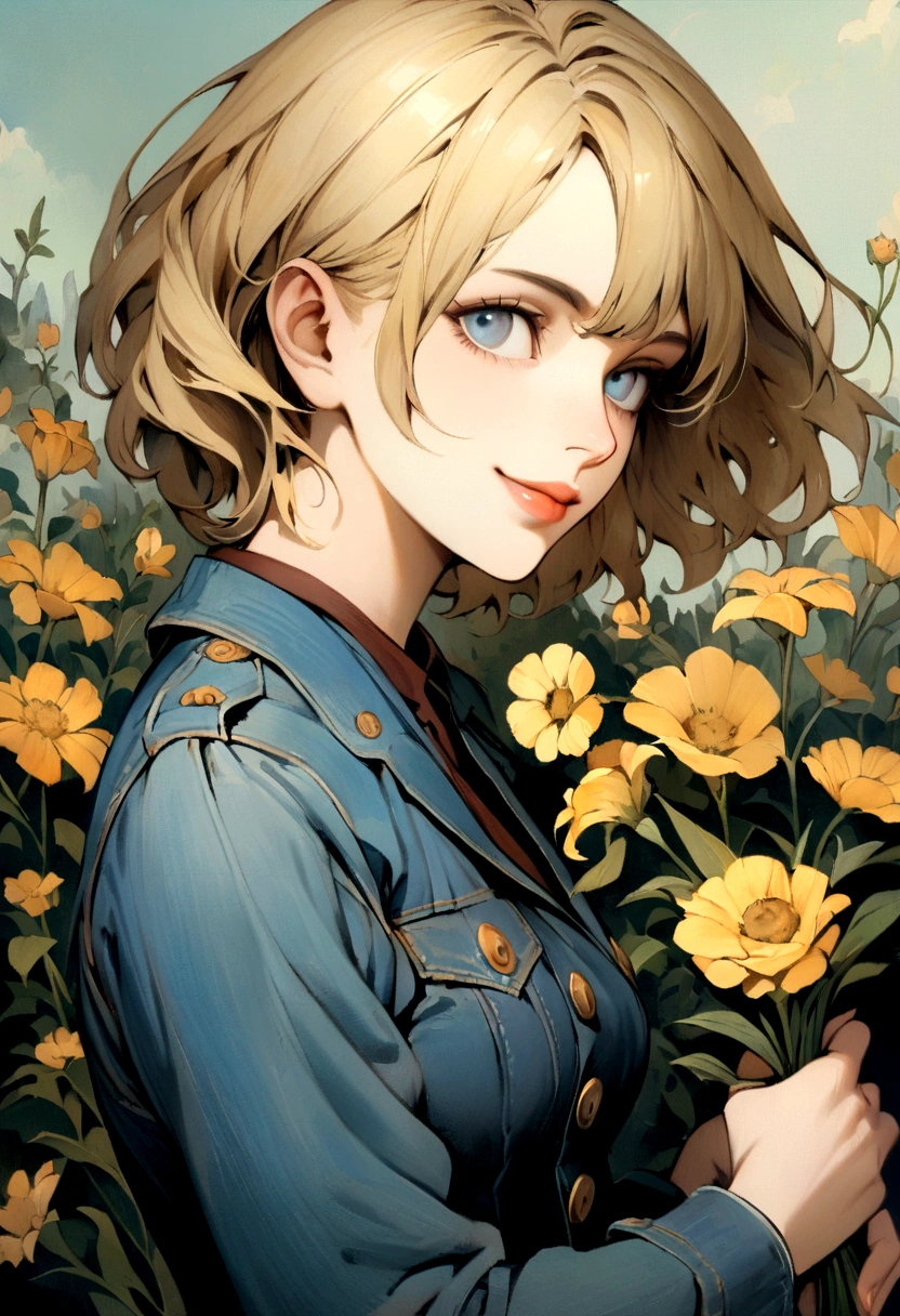 slender, mature female, solo, blonde_hair, closed_mouth, holding, 1girl, blue_eyes, blue_shirt, bangs, lips, short_hair, long_sleeves, shirt, flower, looking_at_viewer, uniform, looking_away, smile, light_smile, denim_jacket, buttons, from_side, fine_art_parody,