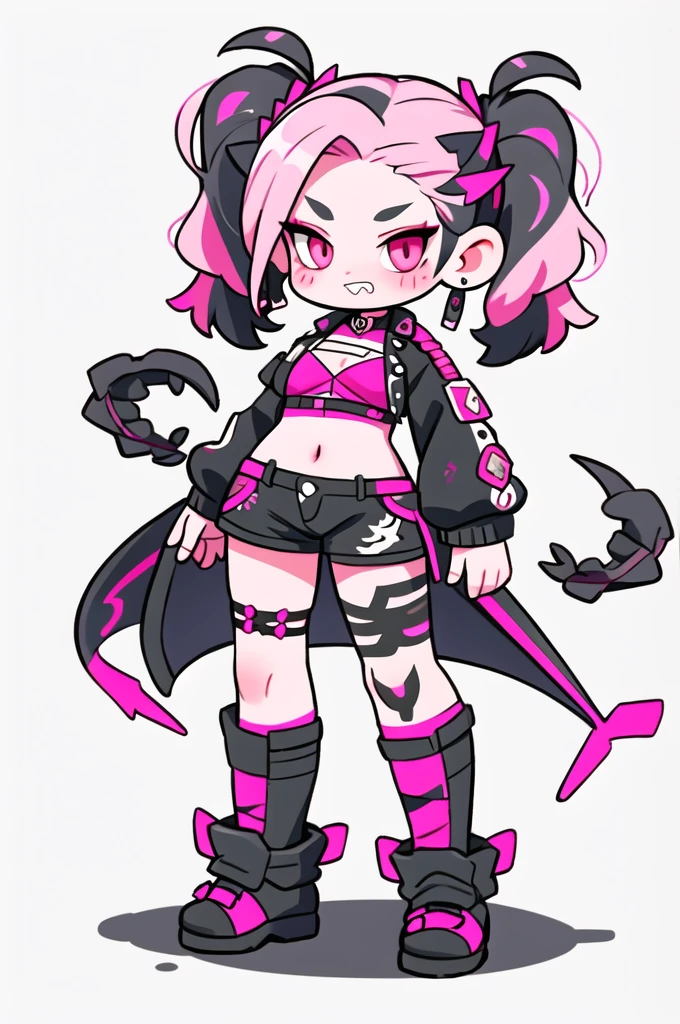 half dragon female with grey skin, with black hair pigtails style, with pink streaks, sharp teeth, biker outfit, dragon tail and dragon horns
