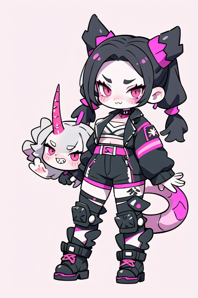 half dragon female with grey skin, with black hair pigtails style, with pink streaks, sharp teeth, biker outfit, dragon tail and dragon horns
