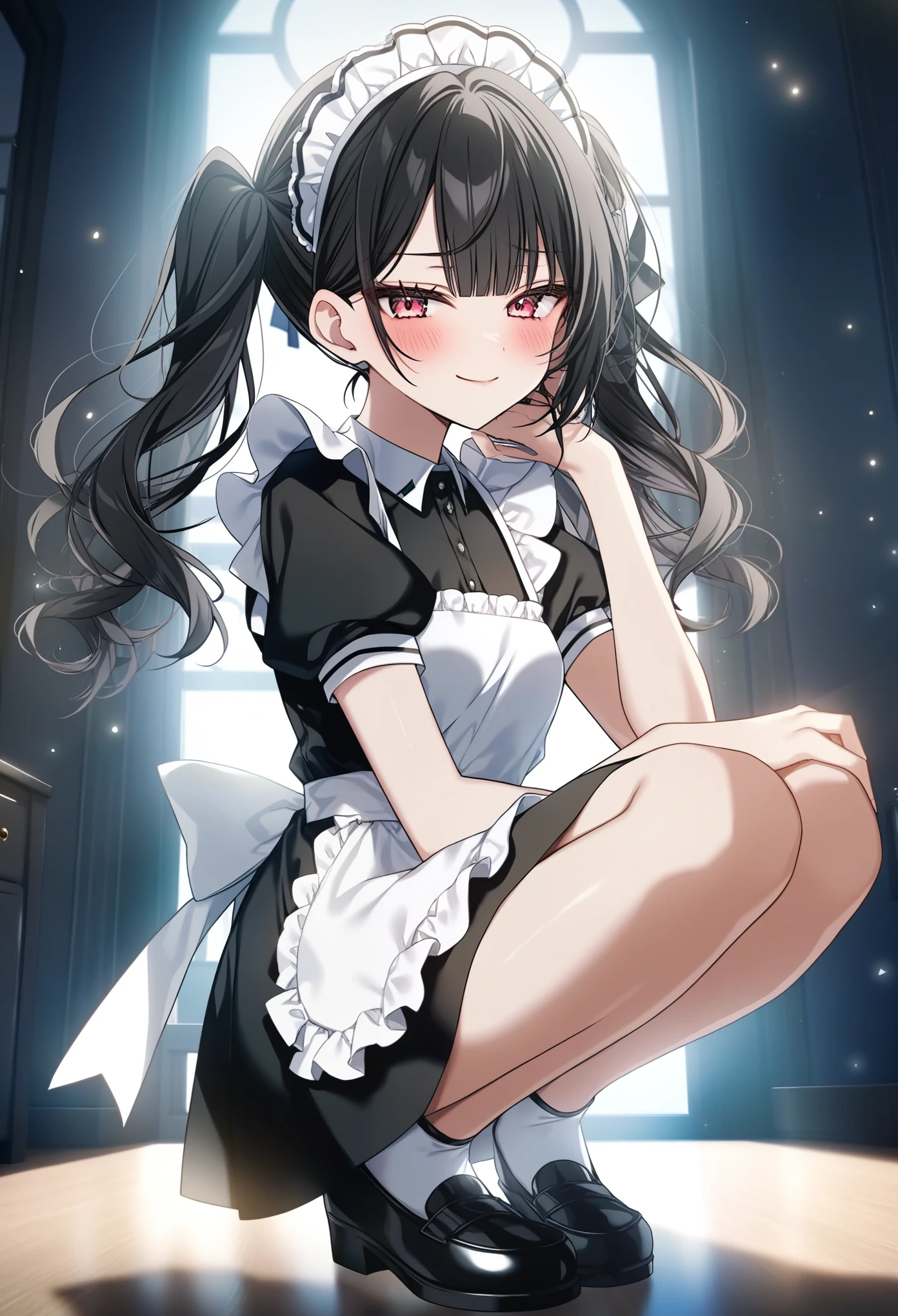 Prompt: 1girl, ciloranko:1.1, taya oco, oekakizuki, smooth lighting, semi-realistic, unreal engine lighting, anime screencap, official art, absurdres, best quality, perfect anatomy, newest, new, blue archive, kazusa \(bluearchive\), black hair, blush, breasts, thighs, parted to one side, blunt bangs, glossy hair, moist skin, glossy skin, delicate details, smooth, 18 years old, adult woman, hair behind ear, medium breasts, from side, full body, squatting, looking at viewer, own hand on face resting on her cheek, twintails, wavy hair, black hair, medium length, maid, white head dress, black loafers, smug smile, closed mouth, brown eyes, content expression, half-lidded eyes, mature_female, lustful body, half-closed eyes, adoring gaze, indoors, solo, light particles, solar flare, depth perception, alternate costume, white apron, frilled apron, puffy short sleeves, short sleeves, black dress, maid outfit, one hand resting at her side, from below