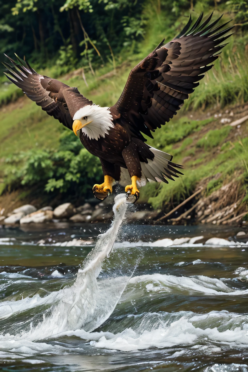 (Realistic image),(high intensity) a eagle catching fish from river, he just come up from river with fish, look like real scene