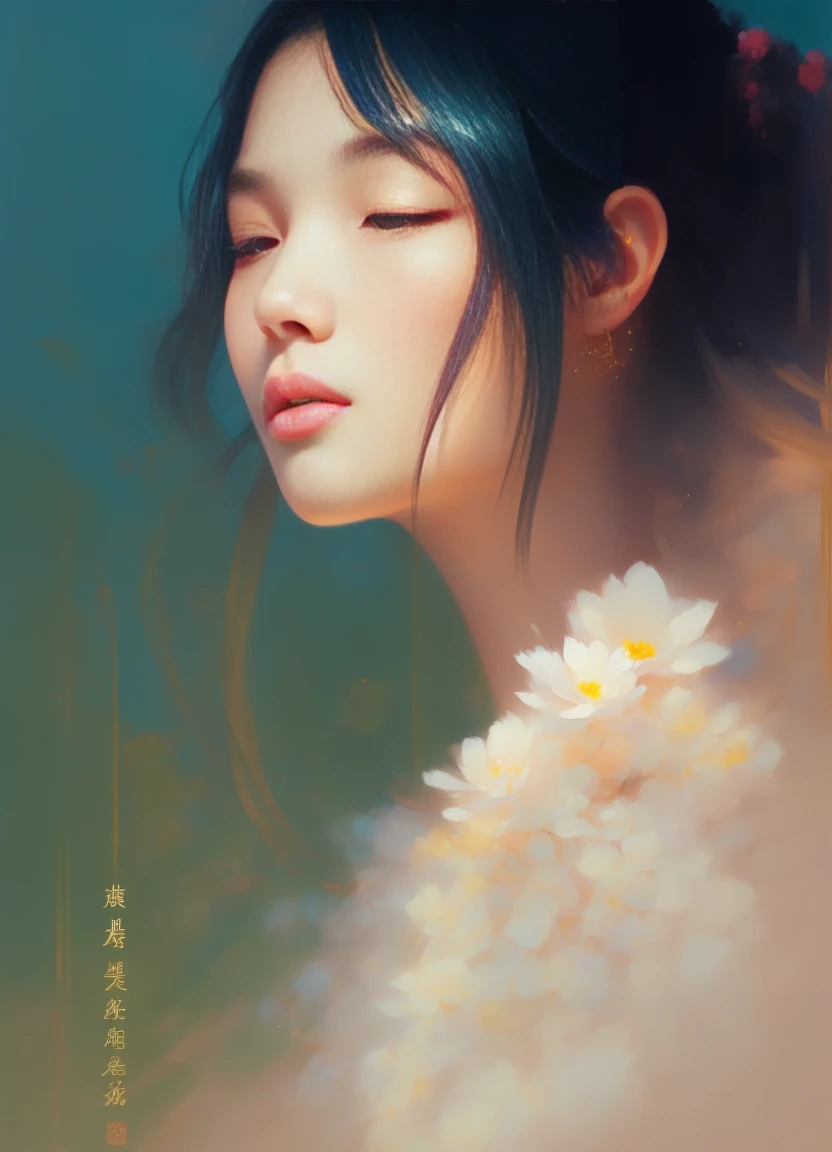 (mist:1.5)，Soft space，Soft tones，dream，Hazy and mysterious，大量mist和白色小花覆盖，Modern illustration elements。Tranquility、Pure atmosphere，blond woman with white flowers covering her face and eyes, inspired by Hsiao-Ron Cheng, inspired by Yanjun Cheng, by Ayami Kojima, by Hsiao-Ron Cheng, by Yanjun Cheng, Guweiz, artwork in the style of Guweiz, by Eizan It&#39;s a gift, cake, james jean and wlop