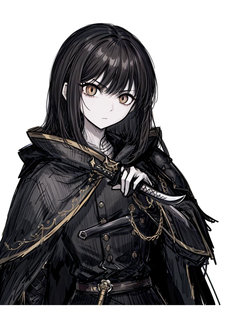 1boy, pale skin, brown eyes,black hair, swordsman, nice clothes, (high resolution, high detail, best quality),
black background, serious, sword