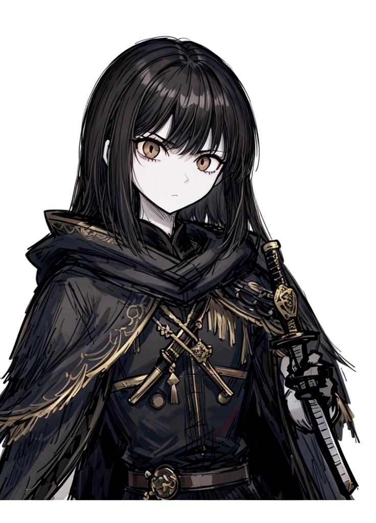 1boy, pale skin, brown eyes,black hair, swordsman, nice clothes, (high resolution, high detail, best quality), 
black background, serious, sword