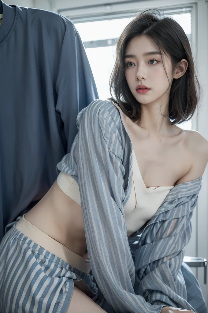 (((best quality))), (((ultra detailed))), (((masterpiece))), illustration,((a fragile and beautiful young girl,solo)),((slim,thin)),((shoulder off,bare back,towering hips,butt crack)),((sitting on a hospital bed)),(vertical striped blue and white collared pajama shirt:1.3), ethereal appearance,(shoulder length straight bob hair:1.2),((close eyes,open mouth,female orgasmic,blush,ahegao)),delicate features, expressive eyes, porcelain skin, worried expression, vertical stripes on the gown, loose fit, slender fingers, polished nail polish, clinical examination room, faded walls, doctors' cart, stainless steel, hospital backdrop, stark contrasts, cold environment, warmth and vulnerability, poignant moment, moving image,((from back,upper body)),