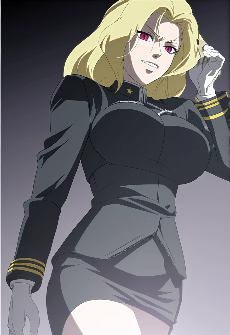 Make a old evil military blonde anime woman in a dark skirt suit