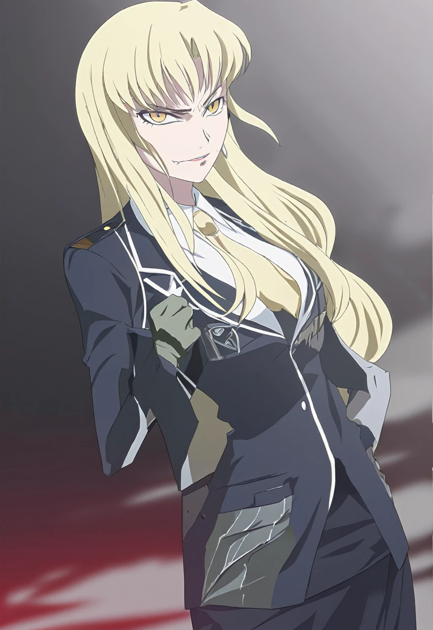 Make a old evil military blonde anime woman in a dark skirt suit  