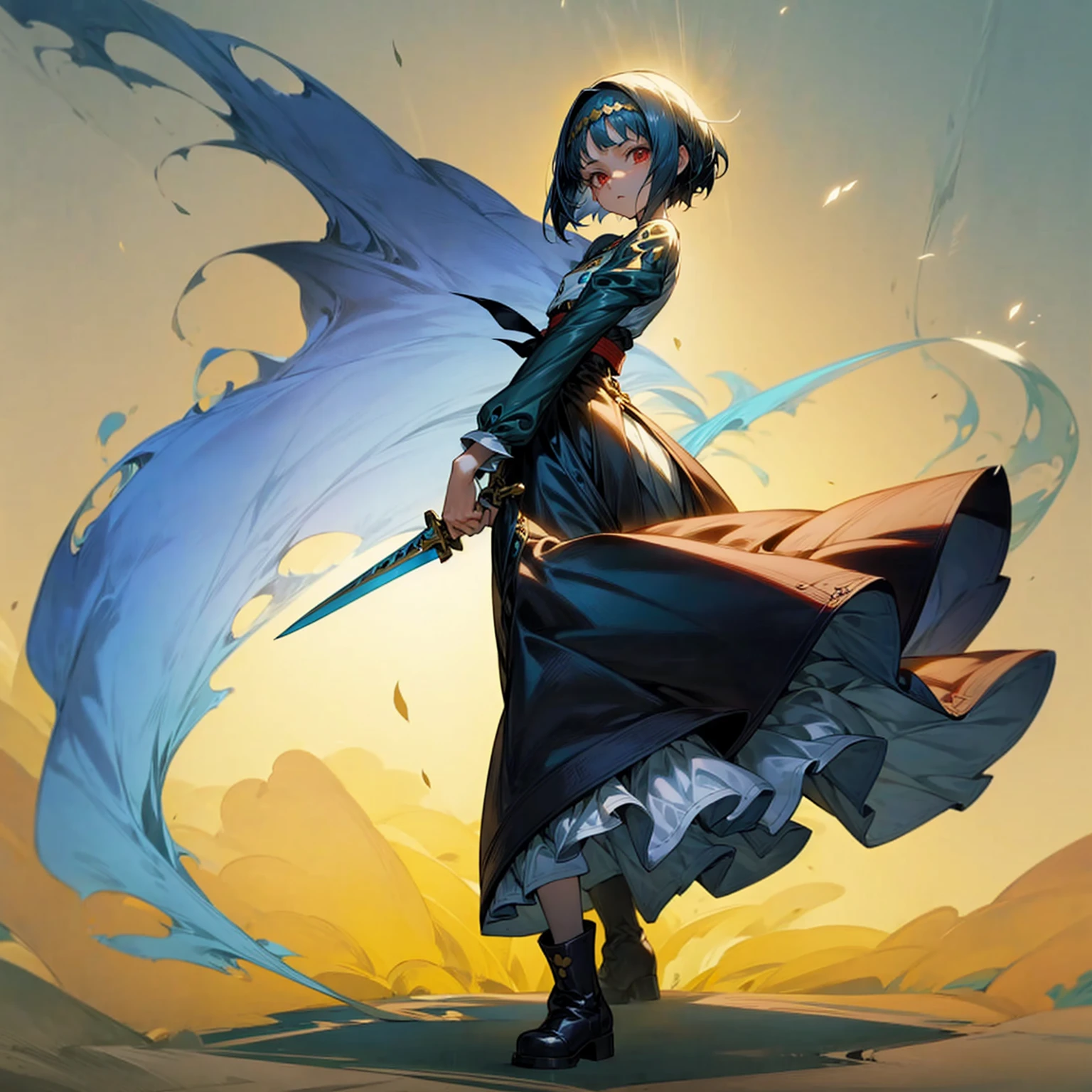 1small girl, Full body version, 1character, light red eyes color, white skin, short hairstyle, dark blue colour hair, saber style clothing, Long skirt, long socks, long boots, dagger knife in hand, full background, Grassroots background in village, motion blur, shadow, standing gesture, (one piece style art)