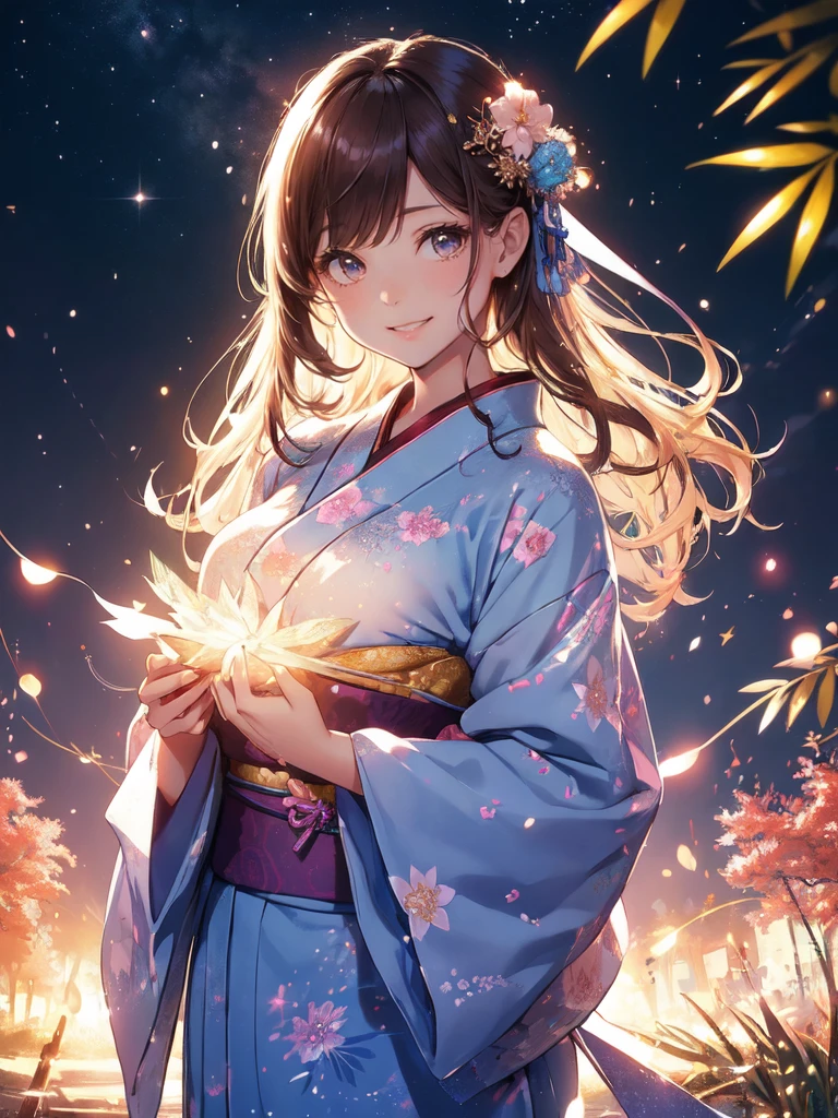 最high quality、1 woman beautifuhime、Altair、(( cowboy shot ))((Thin summer yukata))'((Japanese_yukata))、beautiful瞳、tears、、beautiful装飾、Hairpin、Bamboo、Bambooの葉、、Star World、Summer Nights in Japan、Milky Way Galaxy、最high quality , fractal beautiful、 ((Laugh beautifully、))((Glowing ice ))、beautiful顔、Tanabata of Japan、、 beautiful輝き,High-definition depiction, Realistic, 8K, Unity, beautiful、Iridescent、、 light smile, Beautifully and vividly drawn, , beautiful beautiful透き通る肌、輝くbeautiful装飾の魔法、、、beautiful短冊、🎋, beautiful、 Romanticism,, Bambooの葉、bamboo, ,Magical gentle light,smile,,image quality、masterpiece、beautiful顔、Super beautiful woman((Big breasted 22 year old office lady、Bust 120,Beautiful long ironed hair、Brown Hair、height: 165cm。、Esbian、、high quality、、Visual Arts、最high quality、1 woman , 、light、Beautiful radiance,High-definition depiction, Realistic, 8K, Unity, , light smile, , , Beautiful, beautiful, clear , Romanticism,Cowboy Shot: 最high quality