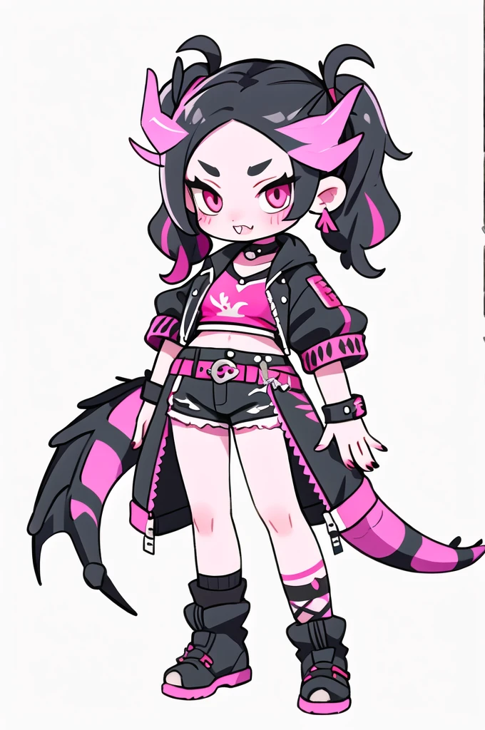 half dragon female with grey skin, with black hair pigtails style, with pink streaks, sharp teeth, biker outfit, dragon tail and dragon horns