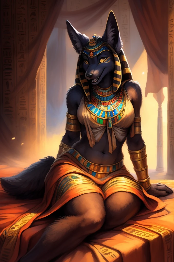 from Kenket, from totesfleisch8, (by fluffy, anubis, fluffy, jackal, juicy figure, lying in bed, revealing bust, playful look, buxom, Egyptian clothes, animal fur, Open clothes, upper body, tail, (clothed), (egyptian clothes), bottomwho & topwho, navel, Sunny ray, dessert, Open mouth, bottom, ((FurriAnime:1.2, FurryCore:1.2))