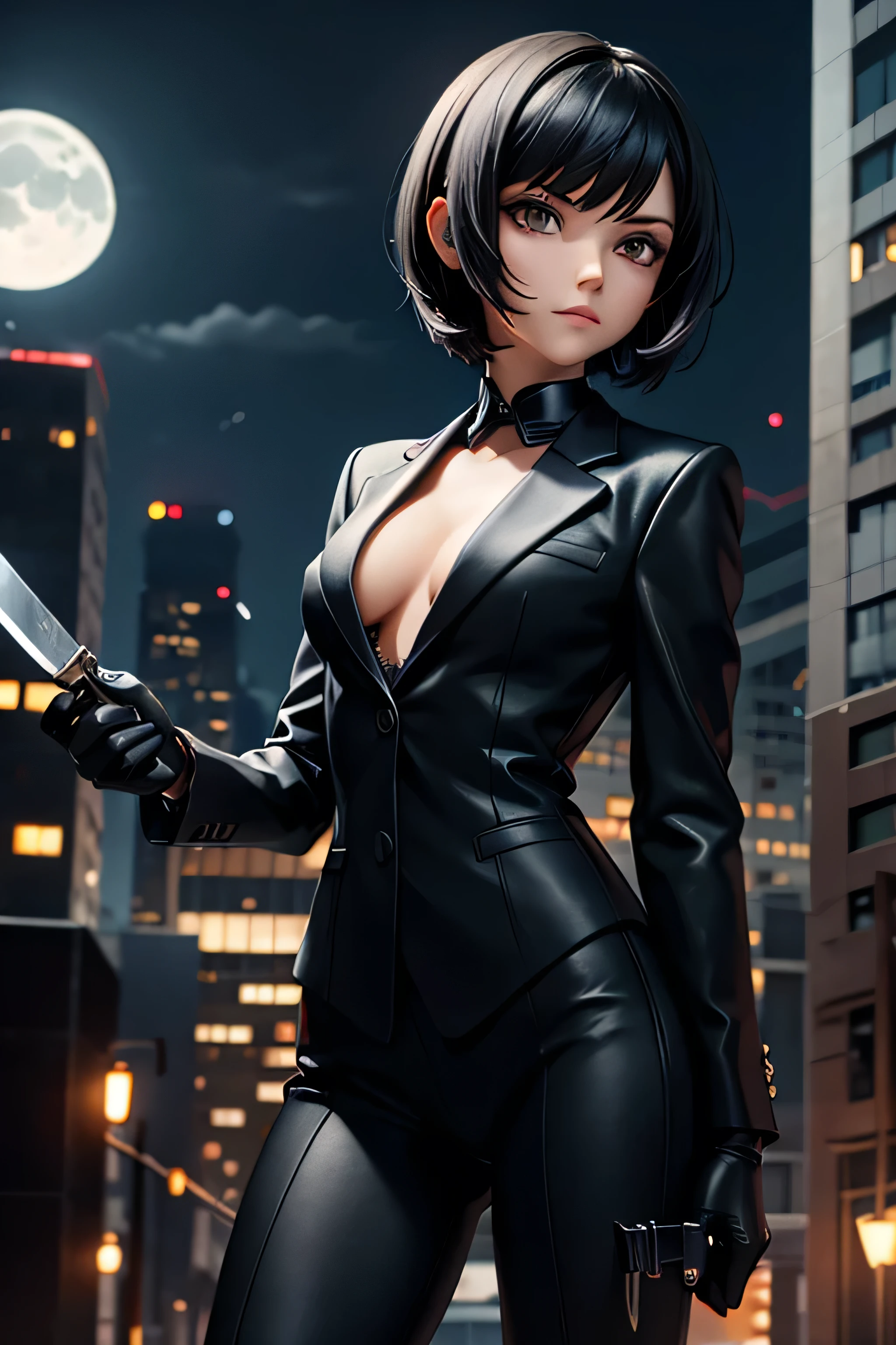 Short black hair, tactics, black gloves, knife in hand, small breasts, ((closed suit)), buildings background, evening, Moonlight