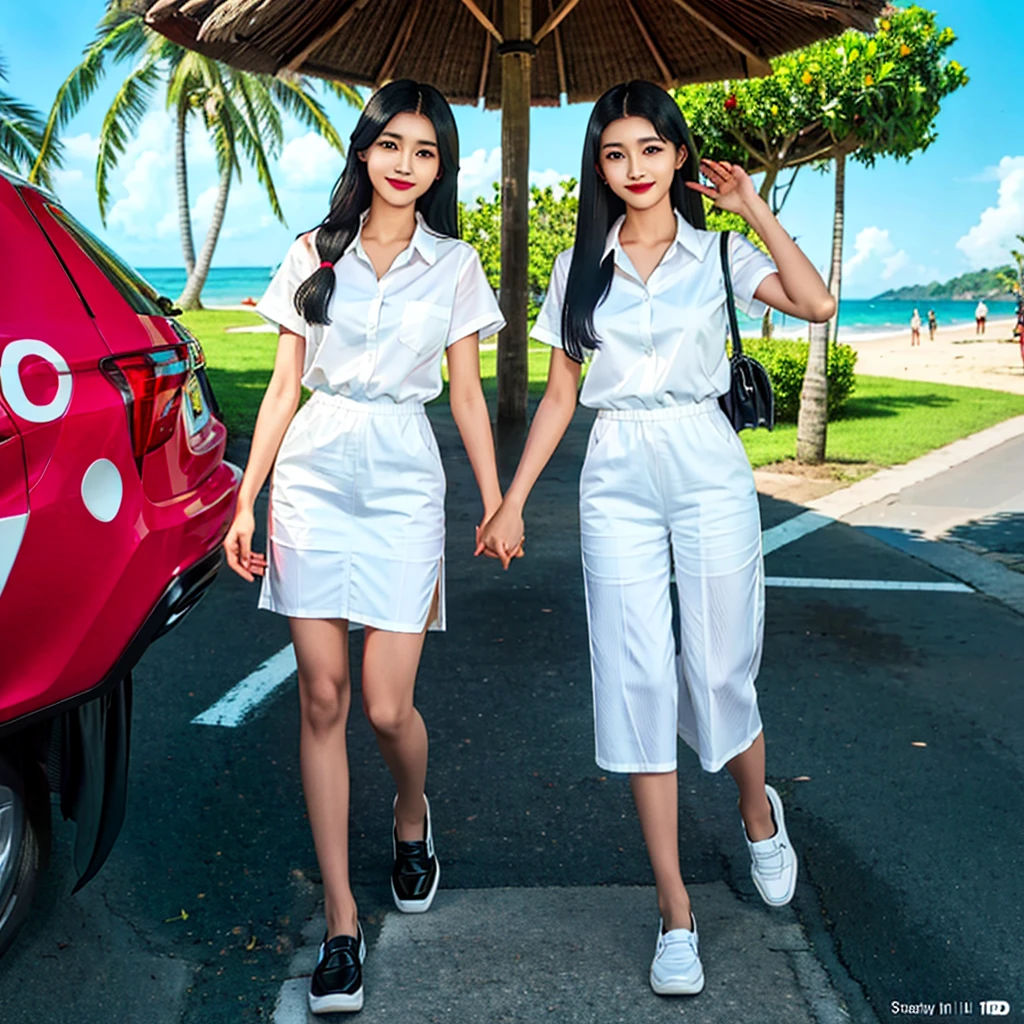 photorealistic 4D caricature, image must be full body, large head, short body, realistic ORI face shape "Two Indonesian youths holding hands. Men: white shirt, black slim-fit formal trousers, black loafers. Women: knee-length floral beach dress, black hair long, intricate texture, casual shoes. Background: branded goods store. Quality: UHD, 18K, glossy