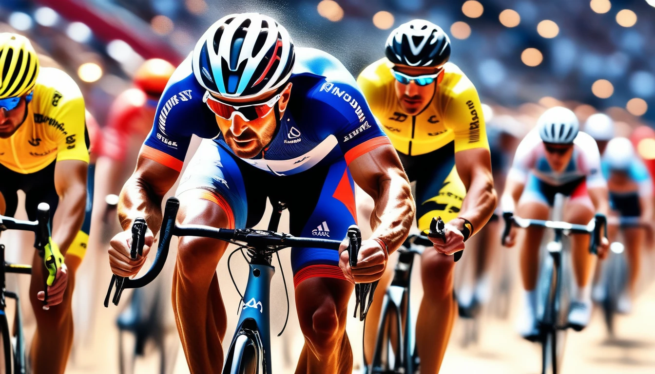 ((Masterpiece)), ((Best Quality)), (Very Detailed), ((Very Detailed)), 4K, (8K), very aesthetic, absurdres highres, Olympic cyclists are running on banks in an indoor stadium. Athletes lean forward to eliminate wind resistance and wear streamlined helmets designed for aerodynamics. There are spectator seats in the background, with bright lights illuminating the players. The muscular tension of the athlete and the details of the bicycle are clearly depicted.

