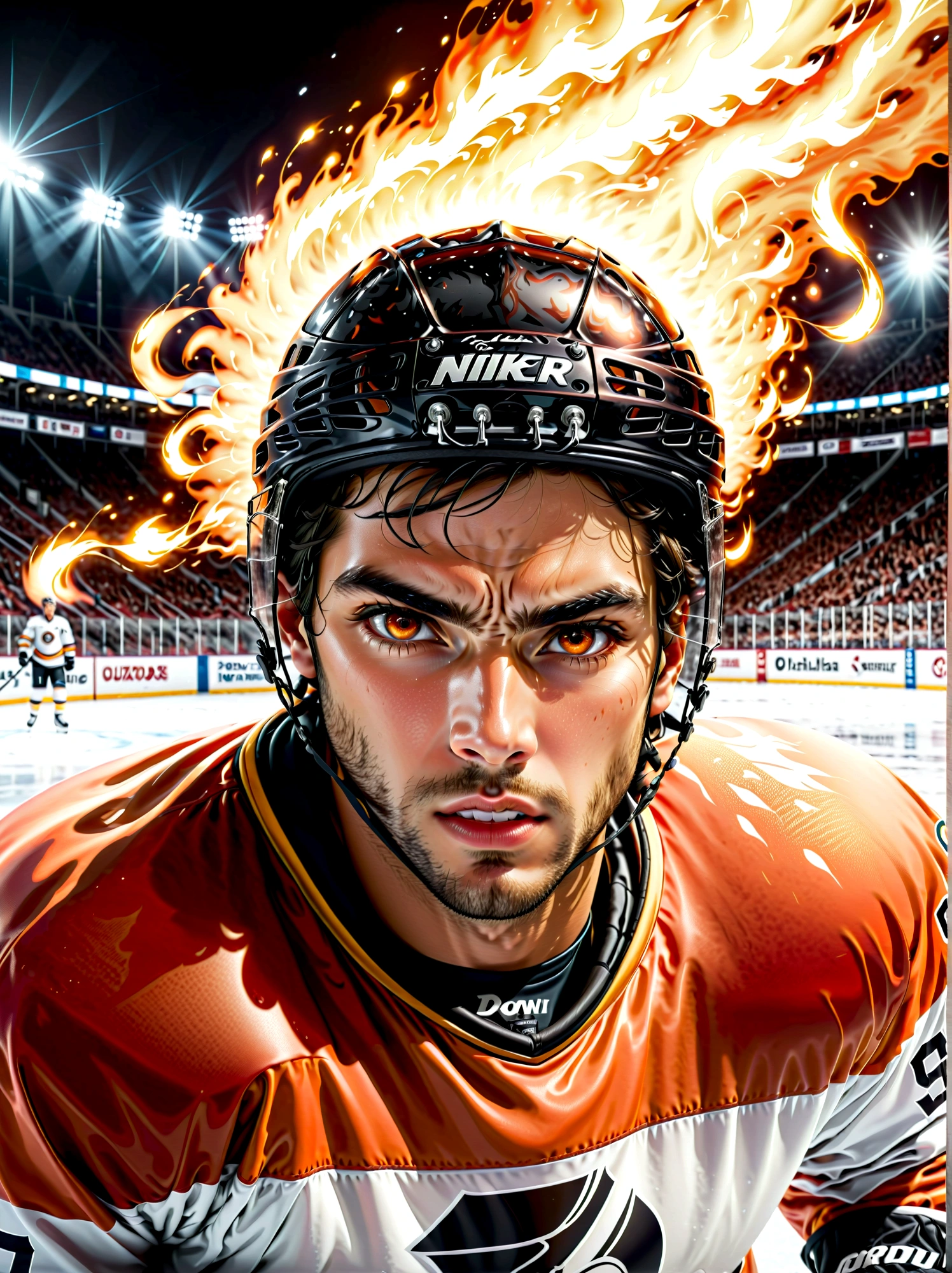 A fierce hockey player, whose ethnicity isn't specified, in competitive action, is dramatically surrounded by glowing, pulsating flames of intense red and orange colors, perfectly encapsulating the energetic spirit and passion of his sport. The picture setting being predominantly monochrome - black and white, the vibrant flames are presented in a stark contrast. This results in a visually striking color pop set against the minimalist competitor and icy playing field in the background. The image, shot to emulate a gritty, high contrast, vintage-style film effect, utilizes sharp, finely detailed textures. The expansive ice rink backdrop provides an additional compelling element, adding to the overall dynamism and high-stakes ambiance of the sport. The image is shot with a digital camera of equivalent quality to a Nikon D850, and an 85mm lens, ensuring an outstanding 8k resolution for capturing and presenting every minute detail of this captivating and intense on-ice sporting moment.