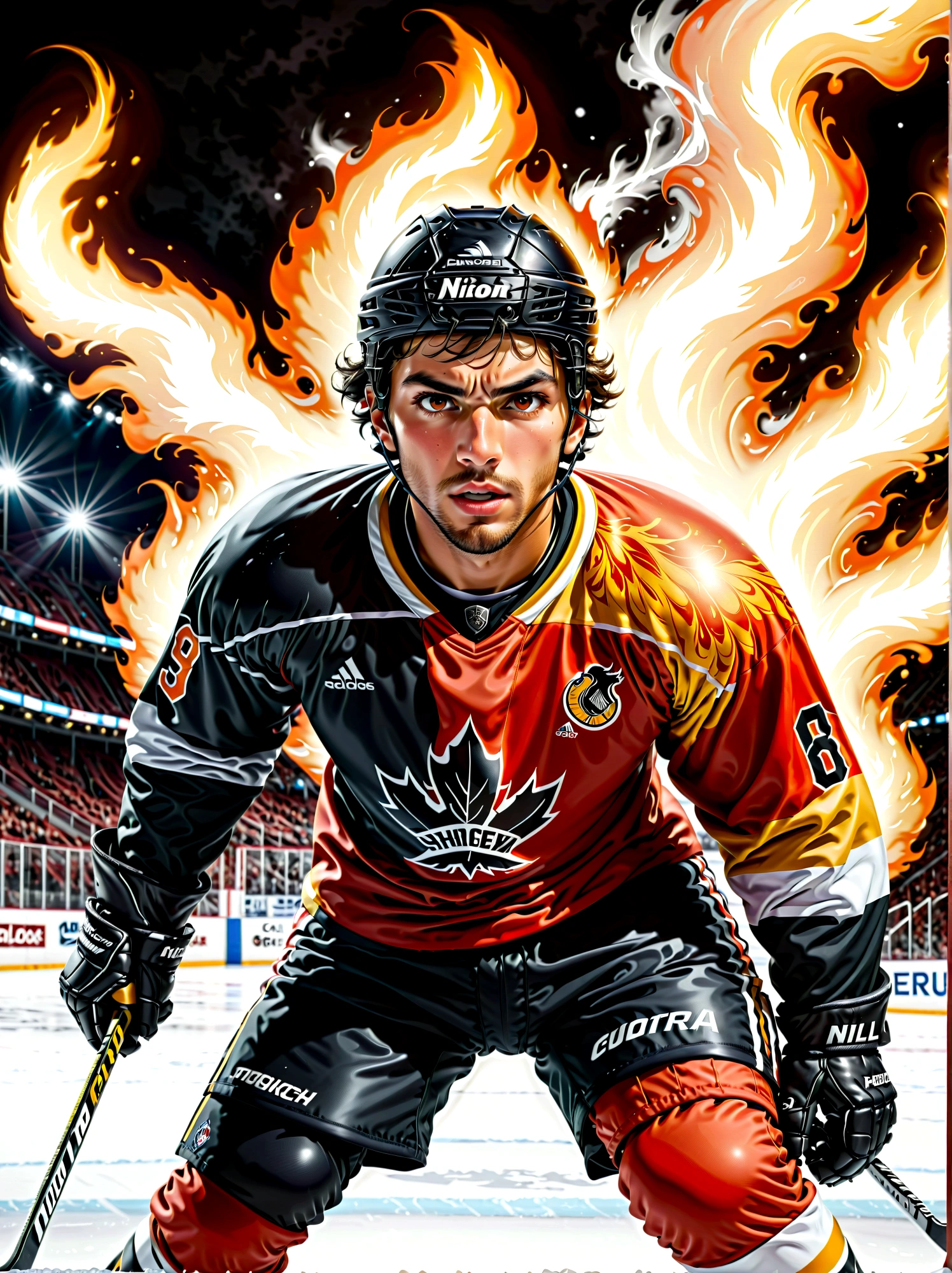 A fierce hockey player, whose ethnicity isn't specified, in competitive action, is dramatically surrounded by glowing, pulsating flames of intense red and orange colors, perfectly encapsulating the energetic spirit and passion of his sport. The picture setting being predominantly monochrome - black and white, the vibrant flames are presented in a stark contrast. This results in a visually striking color pop set against the minimalist competitor and icy playing field in the background. The image, shot to emulate a gritty, high contrast, vintage-style film effect, utilizes sharp, finely detailed textures. The expansive ice rink backdrop provides an additional compelling element, adding to the overall dynamism and high-stakes ambiance of the sport. The image is shot with a digital camera of equivalent quality to a Nikon D850, and an 85mm lens, ensuring an outstanding 8k resolution for capturing and presenting every minute detail of this captivating and intense on-ice sporting moment.