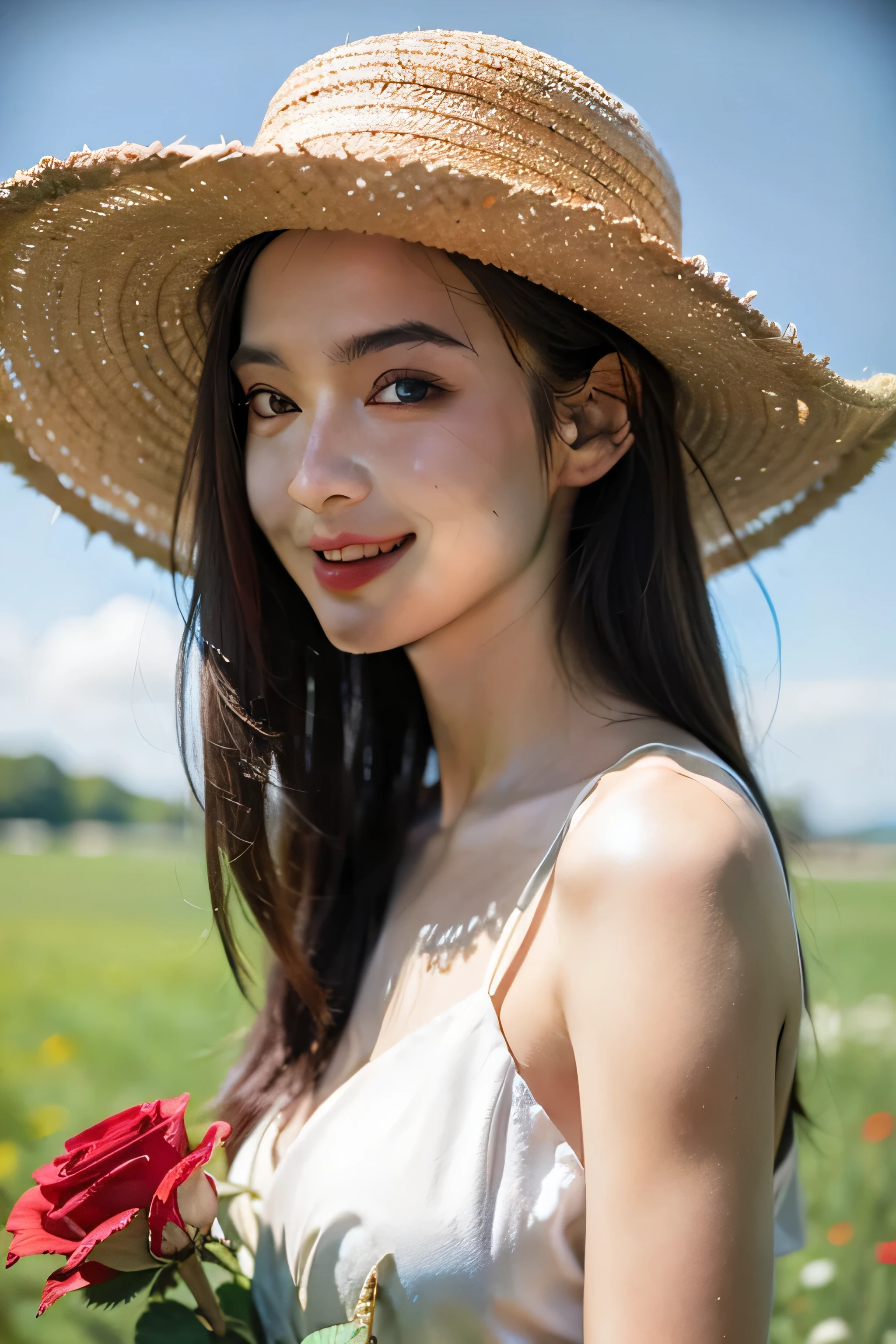 blue sky, There are a few white clouds, green meadows, A girl in a long dress, Roses in hand, Wearing a wide-brimmed hat, The picture is a wide side view of the photographic angle, The colors are pastel, The face conforms to normal bone structure and skin texture, seductive smile, cinematic lighting, high details, high quality, super detail, anatomically correct