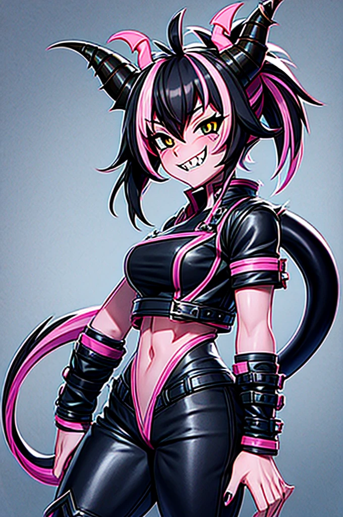 half dragon female with grey skin, with black hair pigtails style, with pink streaks, sharp teeth, biker outfit, dragon tail and dragon horns
