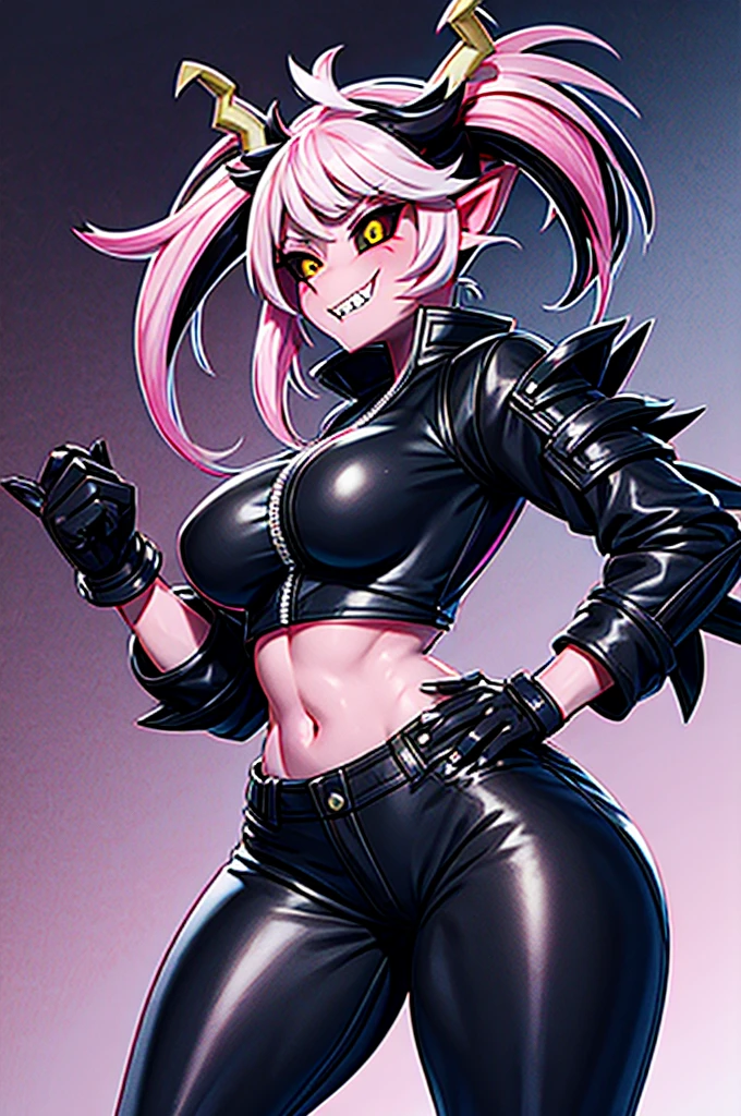 half dragon female with grey skin, with black hair pigtails style, with pink streaks, sharp teeth, biker outfit, dragon tail and dragon horns
