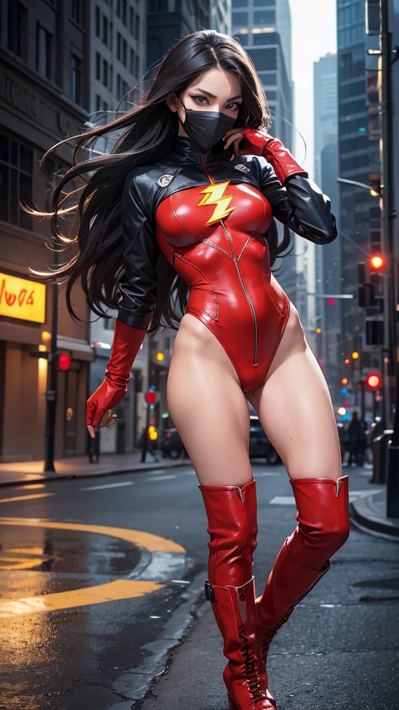 Flash versión mujer, sexy woman,DC comics,small, half naked, classic costume with mask, custom colors red and yellow, YOUNG, super skynny body, small and beautiful buttocks, toned abdomen, small and beautiful breasts, gloves, Boots, pose sexy, obscene, powerful, super sensual, partículas de rayos, velocidad, Dramatic background, Metrópolis, esta corriendo a maxima velocidad, viajando en el tiempo Apocalyptic atmosphere, sensual look, beautiful blue eyes, classic hairstyle,Hair dyed in bright red color, best quality,4k,8k,A high resolution,masterpiece,ultra detailed,Realistic, Photorealistic,photo realistic