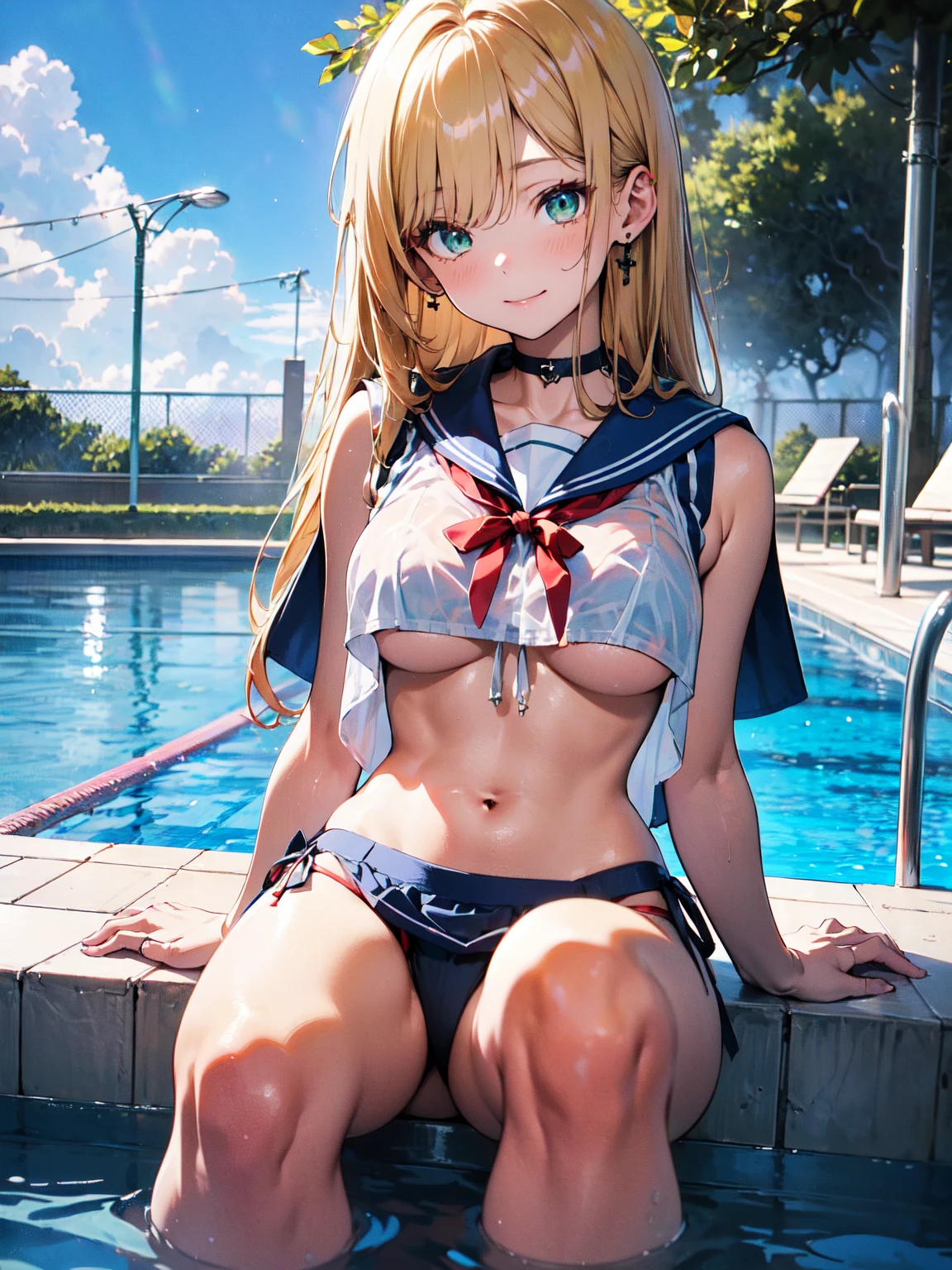 1 lady, HD quality, anime, solo full body shot, beautiful detailed face, (sitting with hands back:1.3), (open legs to limit:1.3), (with one knee up:1.3), (showing  pubic area:1.6), (under boob:1.5), (Large breasts), (cleavage), shiny skin, smiling, (thin thighs:1.8), (Sailor uniform only for the upper body:1.5), (Crop Top sheer  white shirt:1.5), (sleeveless:1.6), without brassiere, (sheer white tiny micro thong:1.5), poolside, (Green detailed eyes), blue sailor collar, high-heeled shoes, red ribbon tie