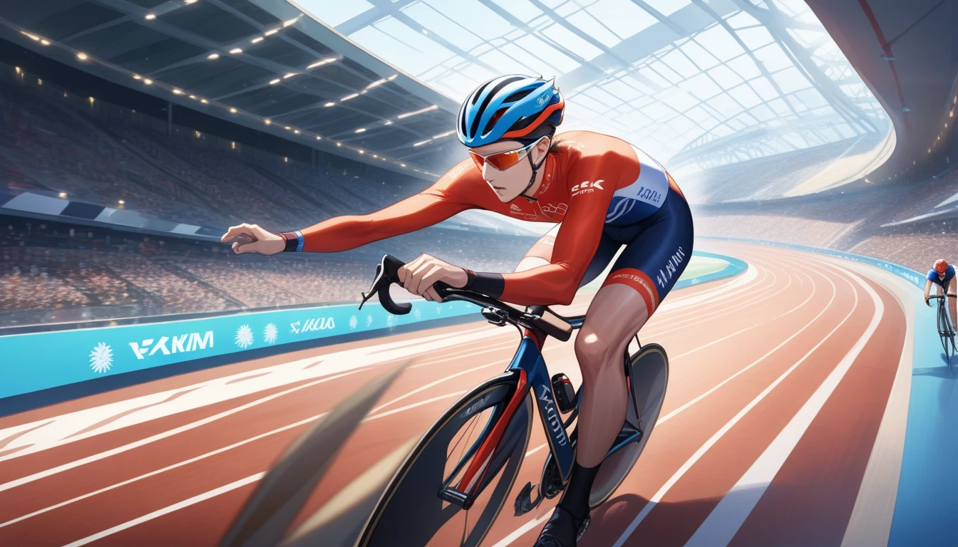 ((Masterpiece)), ((Best Quality)), (Very Detailed), ((Very Detailed)), 4K, (8K), very aesthetic, absurdres highres, An Olympic cyclist races down the banks of an indoor stadium. Athletes lean forward to reduce wind resistance and wear streamlined helmets. There are spectator seats in the background, with bright lights illuminating the players. The muscle tension and details of the bicycle are realistically depicted to convey the athlete's concentration and sense of speed.