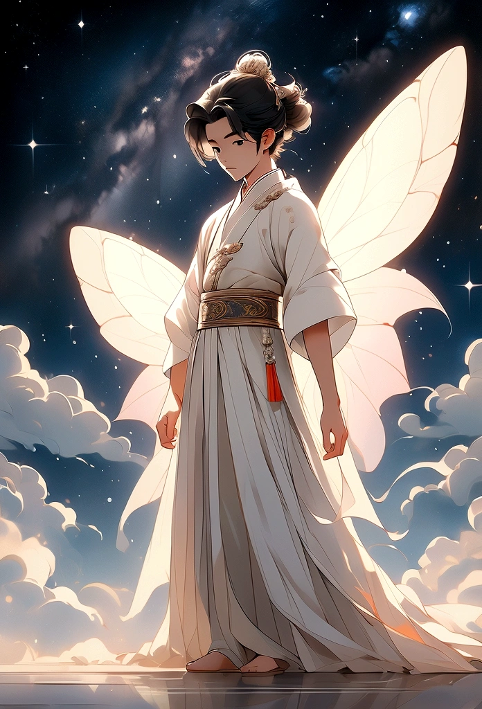 masterpiece, Highest quality: 1.4), Detailed Background,Beautiful male fairy of ancient China、One male、Back view、Beautiful standing posture、Clouds at your feet、streamer,Gauze cloth,Floating in the air,Elevation angle of view,The Milky Way is amazing,The full moon is empty,