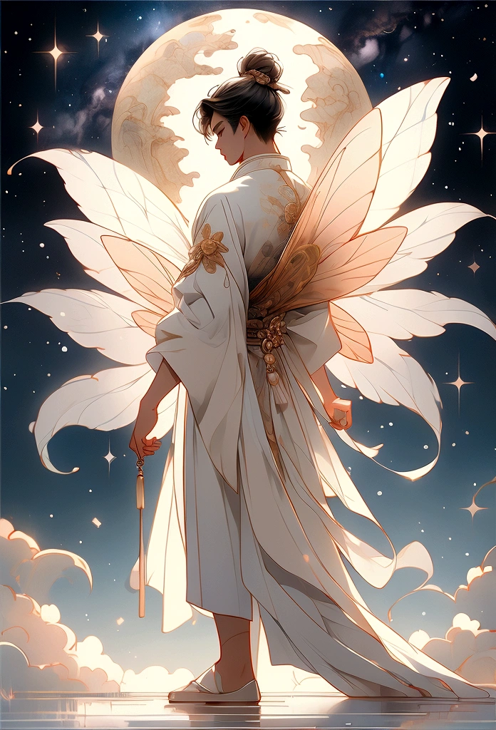 masterpiece, Highest quality: 1.4), Detailed Background,Beautiful male fairy of ancient China、One male、Back view、Beautiful standing posture、Clouds at your feet、streamer,Gauze cloth,Floating in the air,Elevation angle of view,The Milky Way is amazing,The full moon is empty,