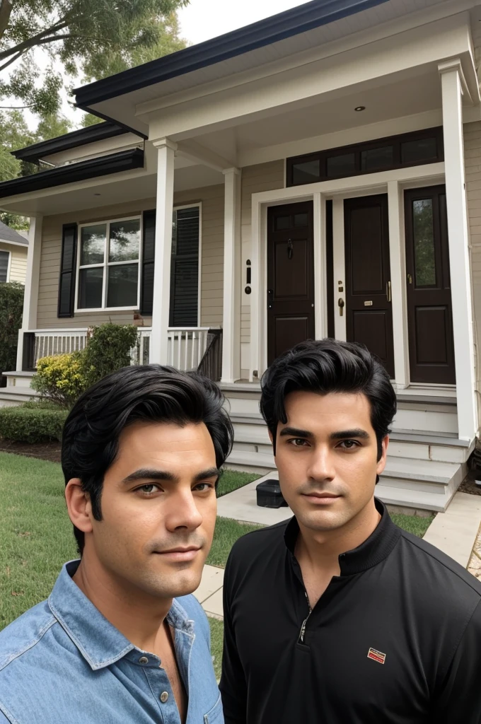 There was a man with black hair and his friend with brown hair. The two of them were in front of the house.