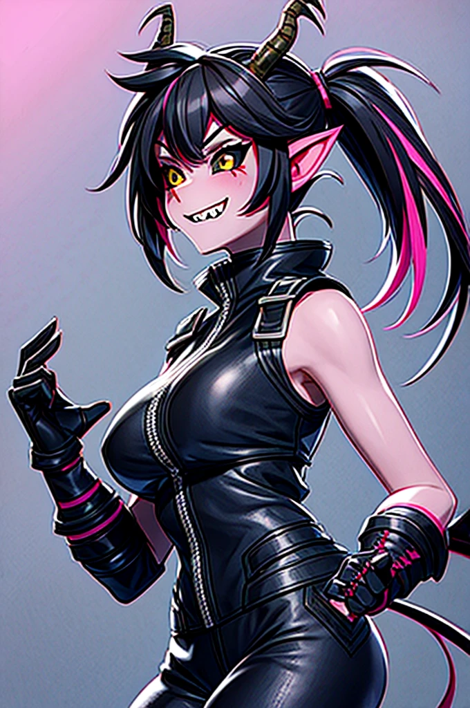 half dragon female with grey skin, with black hair pigtails style, with pink streaks, sharp teeth, biker outfit, dragon tail and dragon horns
