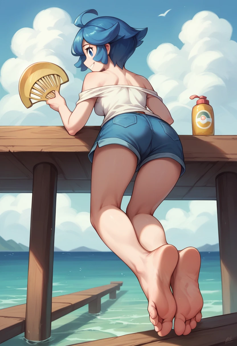 Masterpiece, Best Quality, high resolution, pier and sea in the background, a woman, alone, Blue eyes, short hair, blue fur, blue bangs,funny look, sitting on the dock, smiling, (pokemon), (golden comb), the White shirt, bare shoulders, bare legs, stretched and separated, barefoot, hanging suns , head on, (soles), (view from below the pier) pies head on