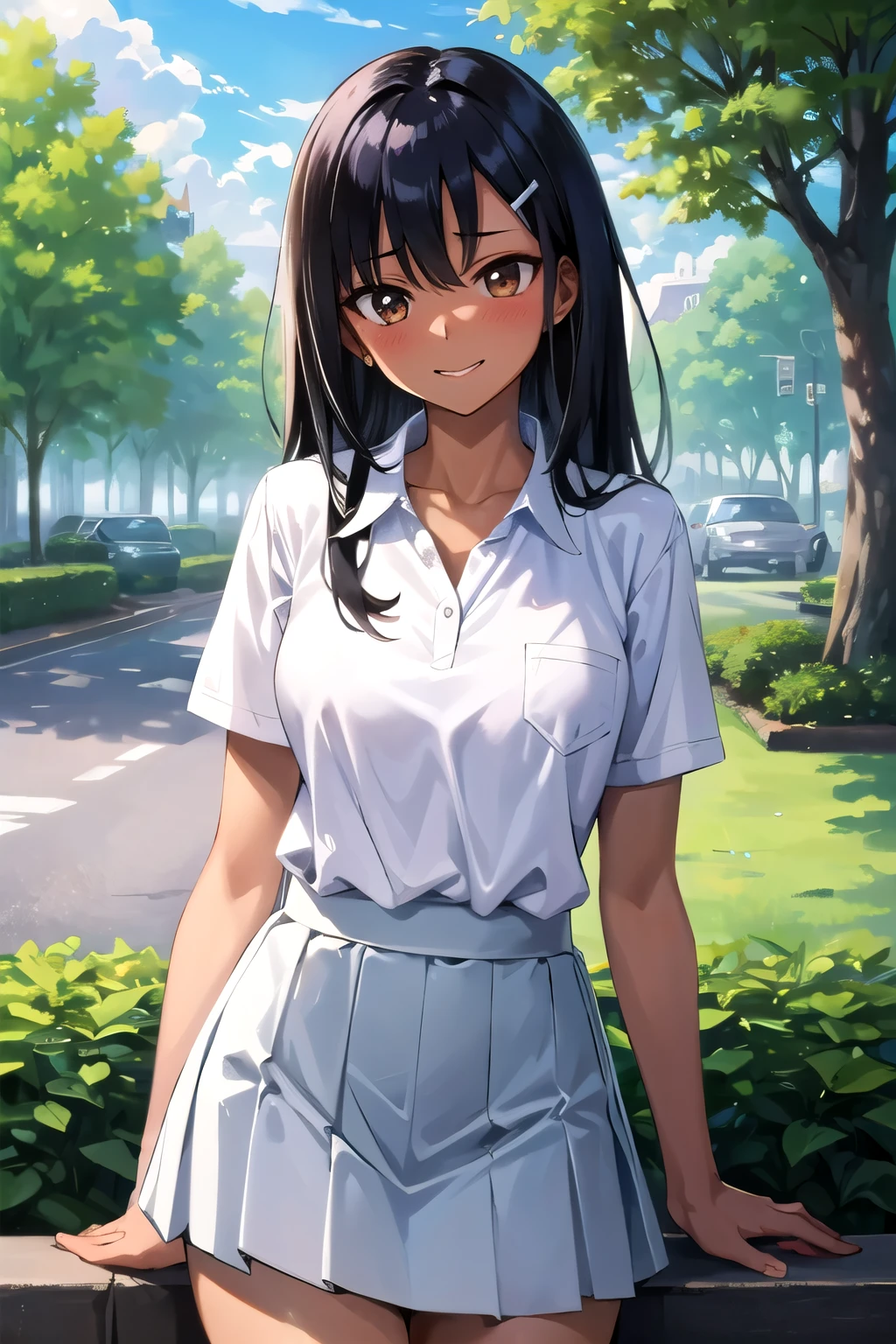 ((best quality)), ((masterpiece)), (details), one girl, sexy ((best quality)), ((masterpiece)), (details), one girl, sexy ((best quality)), ((masterpiece)), (details), one girl, full body,it's_nagatoro_main, Nagatoro Hayase, one girl, blushing, one person, uniform white polo shirt, black hair, brown eyes, hair accessory, looking at viewer, hair clip, smiling, long hair, dark skinned woman, dark skin, , bangs, daytime, skirt, collared shirt, collarbone, ear clip, mouth closed, tree, asymmetrical bangs, upper body