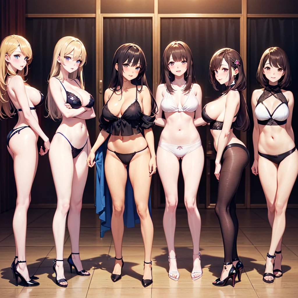 ((masterpiece, Highest quality, High resolution, 超High resolution, Pixel perfect, Written boundary depth, 4K, RTTX10.0, High resolution))), (5 adult females:1.3), Beautiful Anime Women, Beautiful art style, Anime characters, ((Long Hair, bangs, Dark brown hair, Mr.々Hair style)), ((Beautiful eyelashes)), ((Detailed face, blushする:1.2)), ((Smooth texture, Realistic texture, Anime CG Style)), Perfect body, Slender body, Exact finger count、Exact number of legs、Exact number of arms, (blush:1), (Five women standing in a row, lift one&#39;s skirt to greet the crowd.:1.2), ((Fashionable white shirt, Sailor collar, mini skirt, Knee-high socks, loafers: 1.2)), (Raise your skirt yourself:1.1), Realistic, (Slender body:1.1), Highest quality, High resolution, 非常にDetailed face, Perfect lighting, Highly detailed CG, (Perfect hands, Perfect Anatomy), Embarrassed expression, (School classroom, Blackboard Background:1.3), Morning sun-like lighting, whole body, ((Stylish and sexy shiny satin panties, Stylish lace side tie panties, White panties, Pink Panties, Light blue panties:1.2)), Angle from the front、(Beautiful and thin thighs:1.1)