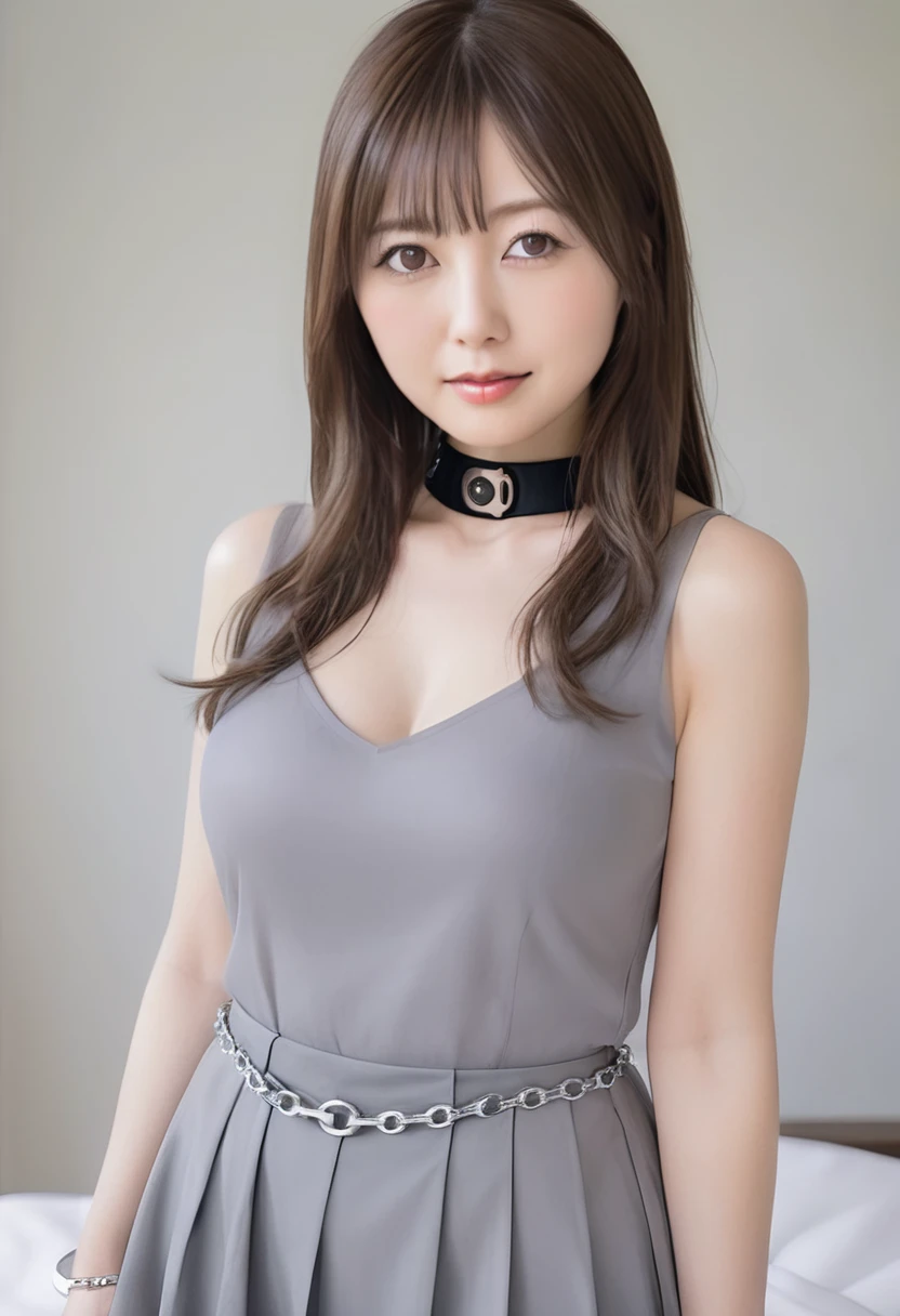 best quality, ultra-detailed, an extremely delicate and beautiful, intricate, 8k, nsfw, first-rate female bodies, perfect anatomy, perfect body, narrow waist, mature female, (oily skin:1.3), perfect breast, large breast, (show nipples:1.4), perfect nipples, breast milk, ((shiraishi mai)), Japanese girl, long hair, solo, smiling, (black mini pleated skirt:1.4), (topless:1.5), (metal collar, metal handcuffs, chain leash:1.5), (full body), (basement, prison)