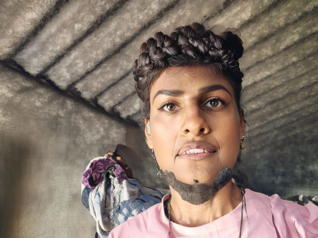 ShraddhaSrinath, photograph, zoomed out of a Pastel Woman, Elegant Twist braid hairstyle, background is [Quarry|Research facility], Photorealism, film grain, Canon eos 5d mark 4, F/1.8, art by Peter Holme III,  