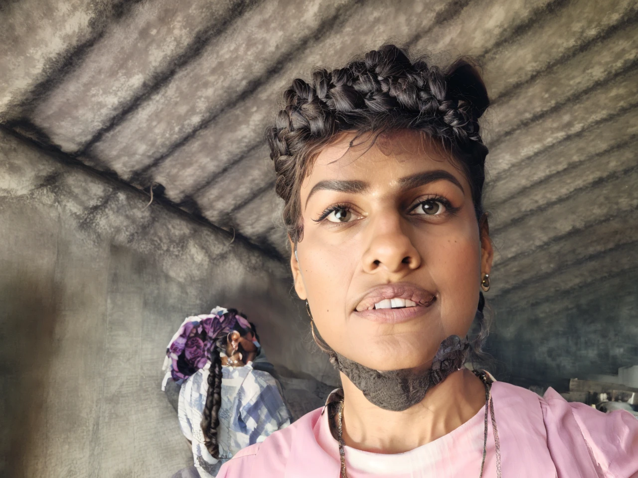 ShraddhaSrinath, photograph, zoomed out of a Pastel Woman, Elegant Twist braid hairstyle, background is [Quarry|Research facility], Photorealism, film grain, Canon eos 5d mark 4, F/1.8, art by Peter Holme III,  