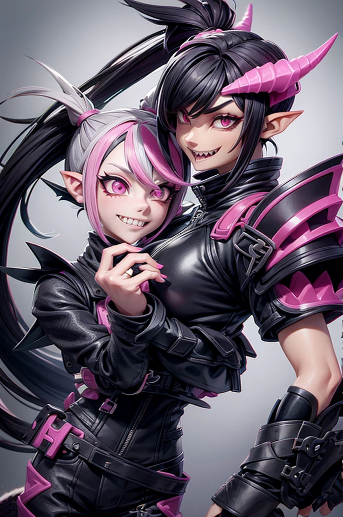 half dragon female with grey skin, with black hair pigtails style, with pink streaks, sharp teeth, biker outfit, dragon tail and dragon horns
