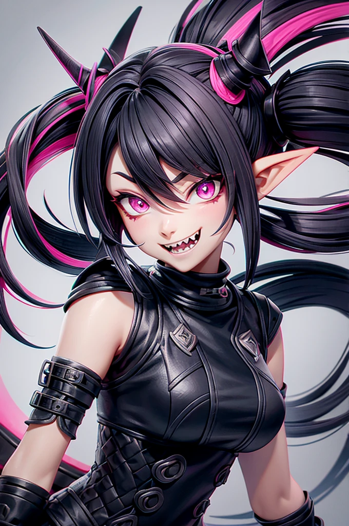 half dragon female with grey skin, with black hair pigtails style, with pink streaks, sharp teeth, biker outfit, dragon tail and dragon horns
