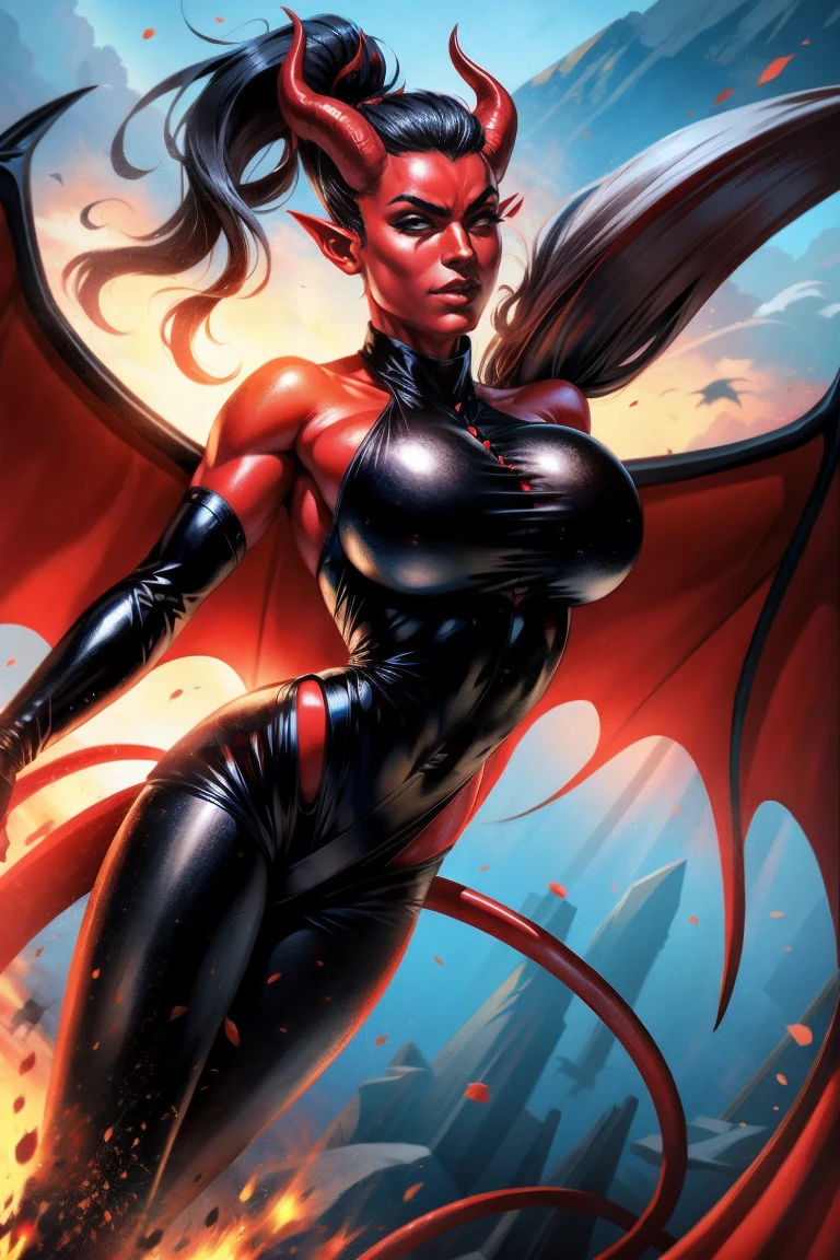 Red skin succubus tiefling, medium breasts, black horns, wings, huge tail, black leather, tall, toned, graceful, thin, long black ponytail. Action scene, shotgun.