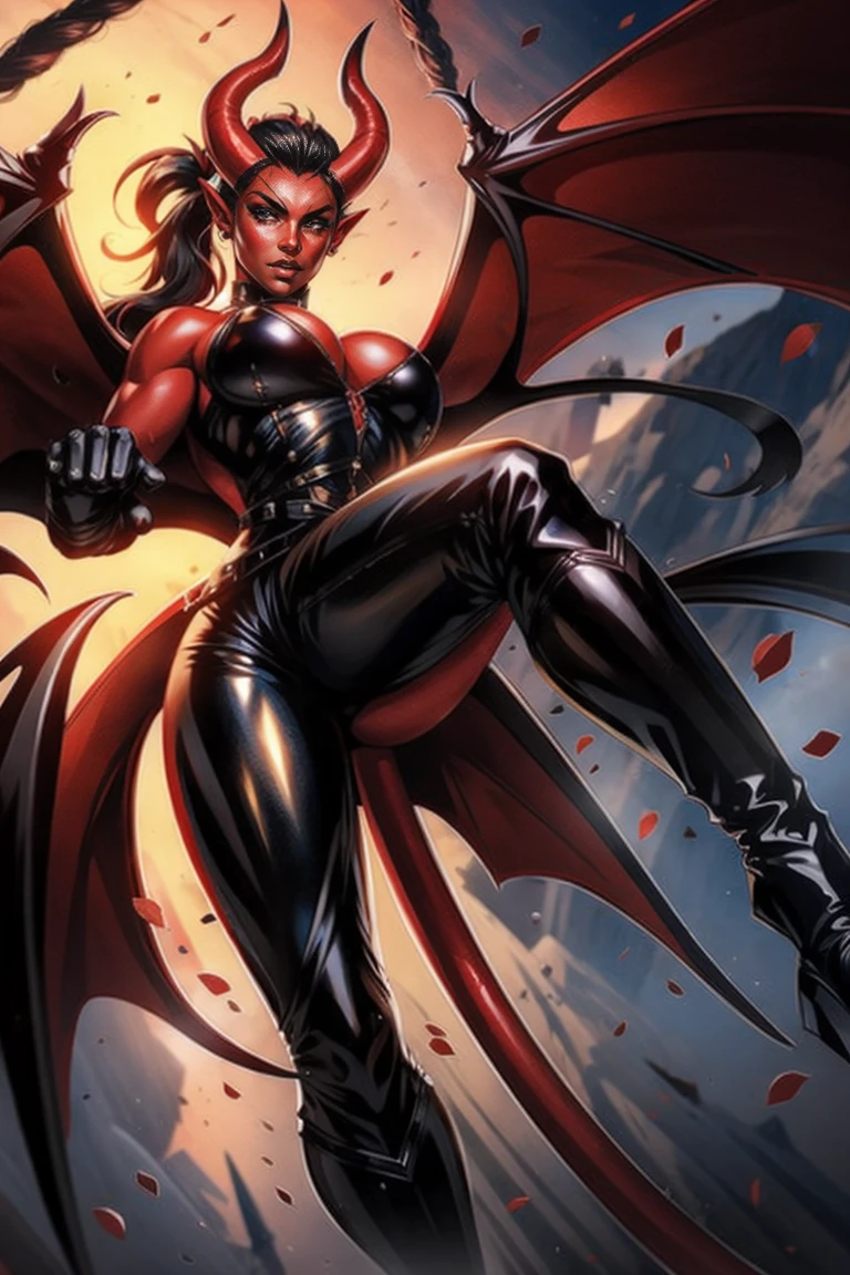 Red skin succubus tiefling, medium breasts, black horns, wings, huge tail, black leather, tall, toned, graceful, thin, long black ponytail. Action scene, shotgun.